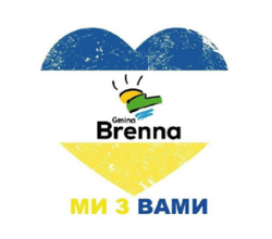 Logo Gminy Brenna w kształcie serca z barwami flagi Ukrainy